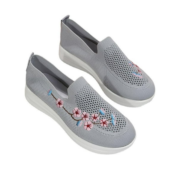 Clearance under $5 JINMGG Flat Shoes for Women Plus Clearance Women's Ladies Embroidered Shoes Casual Daily Slip On Sneakers Mesh Shoes Gray 39