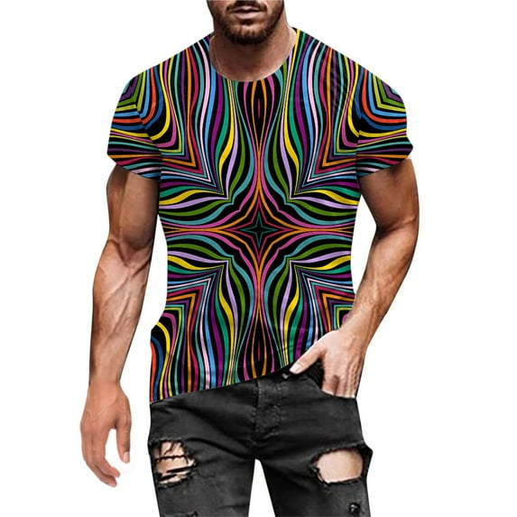 JINMGG Mens Tops under $5,Men's Fashion Summer Neckline T-Shirt 3D Printing Pattern Short Sleeve,Multicolor S
