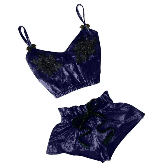 under $5 JINMGG Shorts for Women $5 Women V-Neck Eyelash Beaded Stain Camisole Pajamas Bowknot Shorts Set Navy M