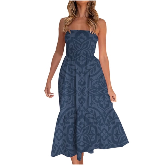 under $5 JINMGG Summer Dresses 2026, Dresses for Women 2026 Women Summer Bohemian Solid Color Casual Strapless Party Long Maxi Dress Navy M