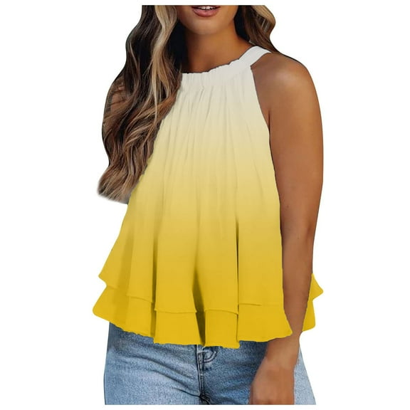 under $5 JINMGG Tank Tops for Women under $5,Women's Halter Neck Tank Tops Floral Sleeveless Shirt Pleated Casual Camisole Yellow S
