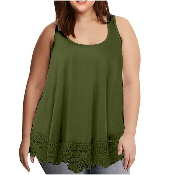 under $5 JINMGG Tank Tops for Women under $5,Women's Solid Color Hem Lace Casual All-Match Plus Size Vest T-Shirt Green XL
