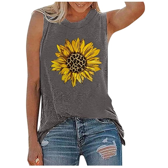 under $5 Omexry Tank Tops for Women under $5,Womens Tank Tops Casual Loose Fit Plus Size Sunflower Printed Tee Shirts Dark Gray XL