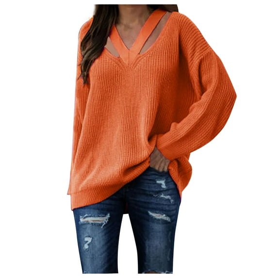 Clearance under $5 JINMGG V Neck Sweaters for Women Fall Winter Clearance,Fashion Women Casual V-Neck Long Sleeve Sweater Blouse Pullver Tops