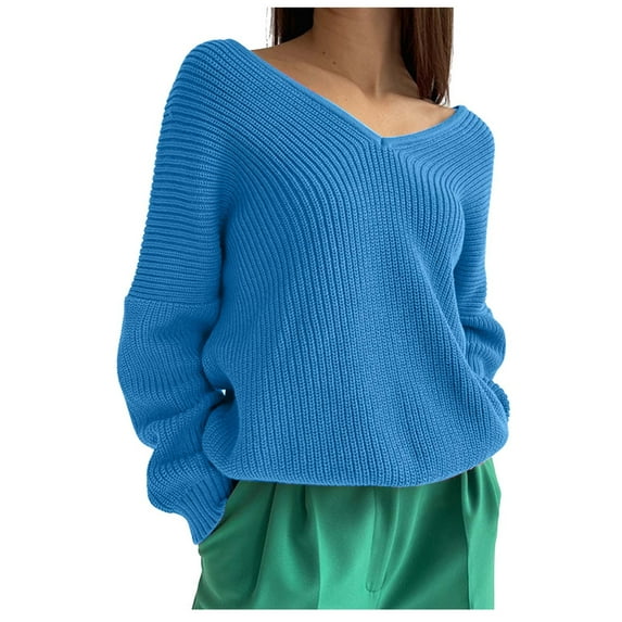 Clearance under $5 JINMGG V Neck Sweaters for Women Fall Winter Clearance,Fashion Women's Casual Long Sleeved Solid Hedging Knitting V-neck Sweater