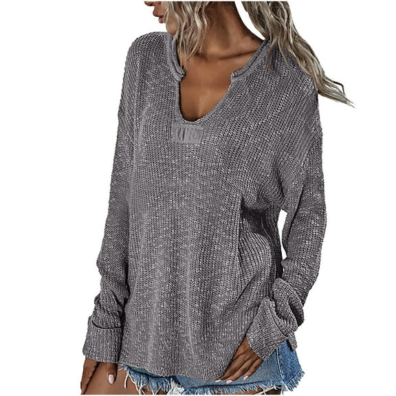 Clearance under $5 JINMGG V Neck Sweaters for Women Fall Winter Clearance,Women Fashion Casual Solid V-Neck Long Sleeve Knit Sweater Tops