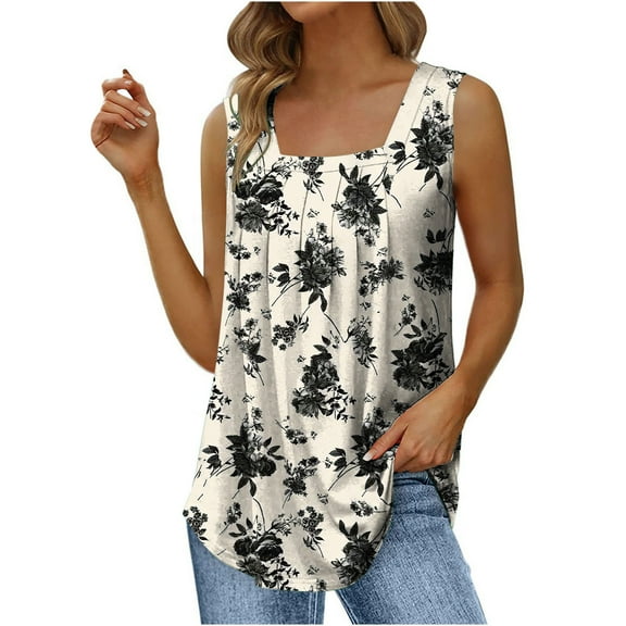 under $5 JINMGG Women's Fashion Prinded Square Neck Comfortable Loose T-Shirt Sleeveless Blouse Casual Tops Khaki XXL