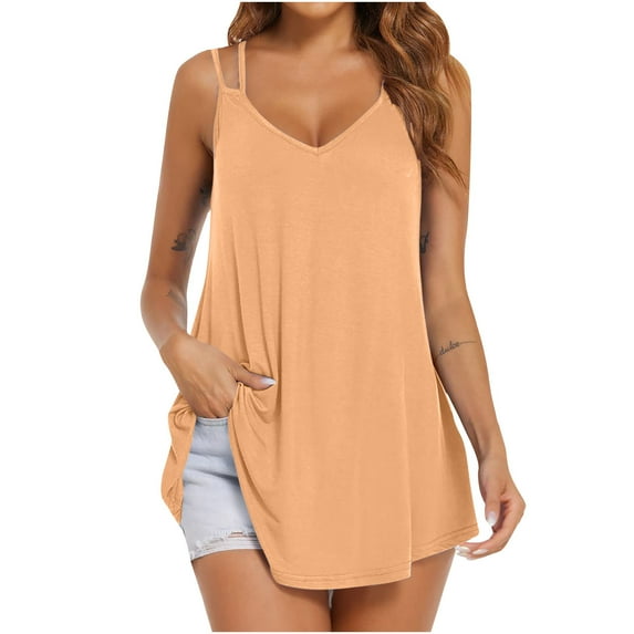 Clearance under $5 JINMGG Women's Fashion Solid Color V-neck Comfortable Loose T-Shirt Sleeveless Blouse Casual Tops Orange M
