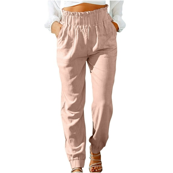 Clearance under $5 JINMGG Womens Plus Size Clearance $5 Fashion Women Summer Casual Loose Cotton and Linen Pocket Solid Trousers Pants Pink M