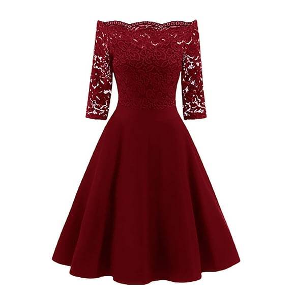 under $5 JINMGG Womens Plus Size $5 Women New Vintage Lace Patchwork Off Shoulder Cocktail Party Retro Swing Dress Red XXL