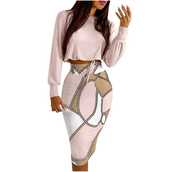 under $5 JINMGG Womens Plus Size $5 Women Print O-Neck Long Sleeve Tops and Skirt Two Pieces Set Women Set Pink XL