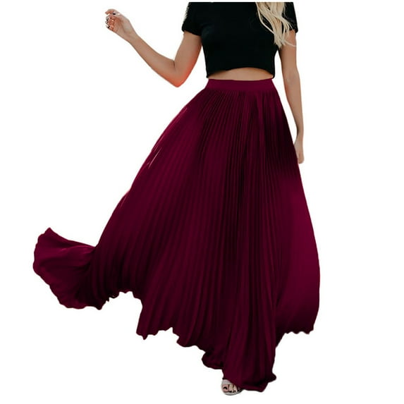 Clearance under $5 JINMGG Womens Plus Size Clearance $5 Womens Fashion High Waist Fold Soild Vintage Loose Beach Wrap Maxi Long Skirt Wine M