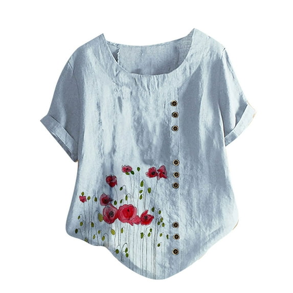 under $5 JINMGG Womens Tops Clearacne Womens Plus Size O-Neck Short Sleeve Print Buttons Cotton Linen Vintage Tops