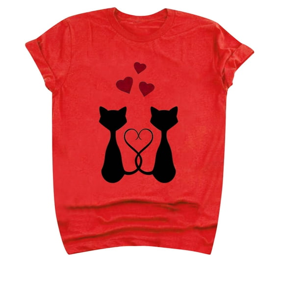 under $5 JINMGG Womens Tops under $5 Adult's Valentine's Day Round Neck Cat Print T-Shirt Red S