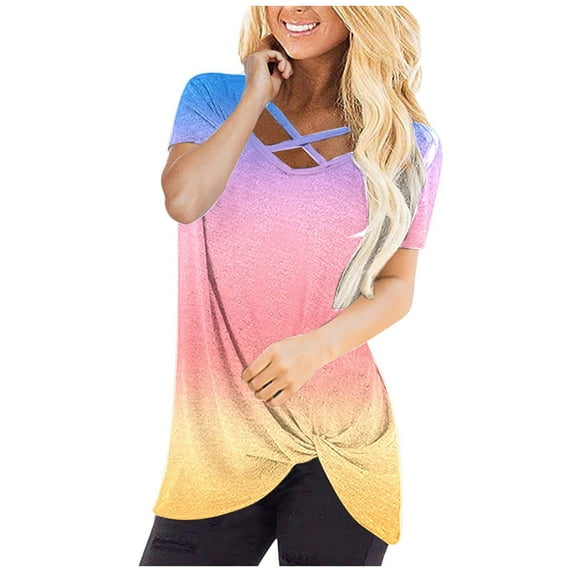 under $5 JINMGG Womens Tops under $5 Women's Fashion Printed V Neck Short Sleeve T-Shirt Blouse Loose Tops Yellow M