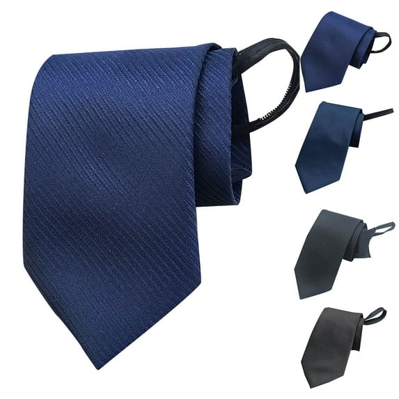 Clearance under 5 Men's Fashion Business 8cm Formal Solid Color Polyester Silk Lazy Zipper No Knot Tie Blue