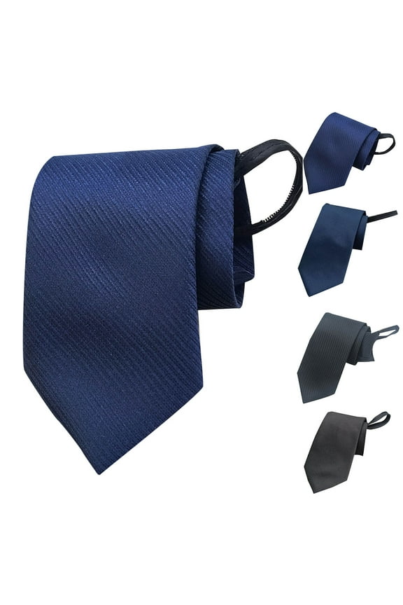 Clearance under 5 Men's Fashion Business 8cm Formal Solid Color Polyester Silk Lazy Zipper No Knot Tie Blue