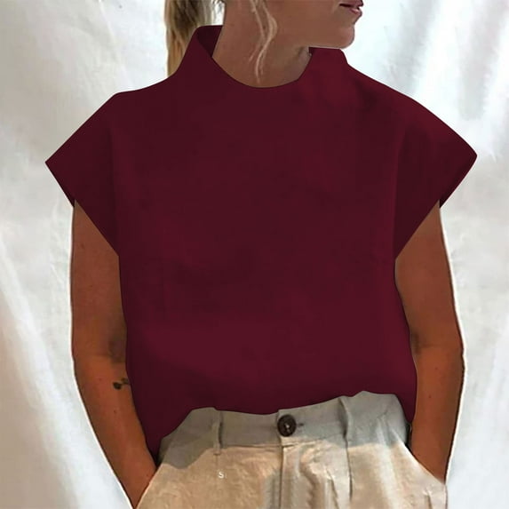 Clearance under 5$ Sevevn Ladies' Spring And Summer Casual Solid Color Top Casual High Neck Linen Breathable T-shirt Spring Tops for Women Wine XL