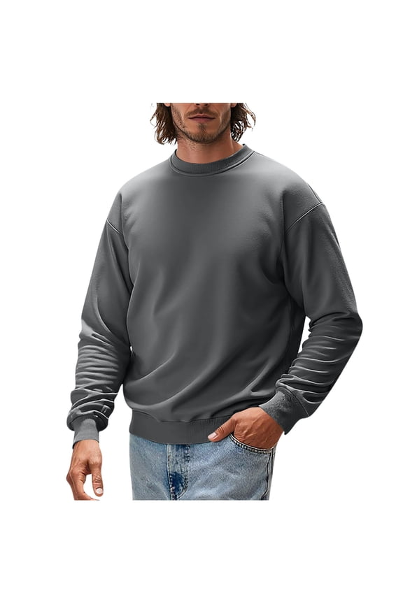 Men's Casual Pullover Solid Color Crew Neck Sweatshirt Long Sleeves Base Shirt Family Gifts Dark Gray M
