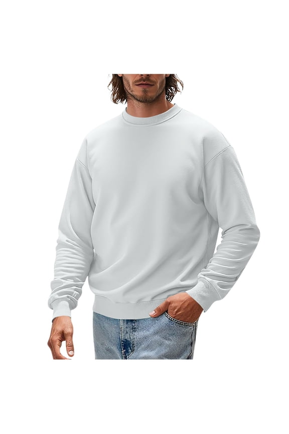 Men's Casual Pullover Solid Color Crew Neck Sweatshirt Long Sleeves Base Shirt Family Gifts White XL