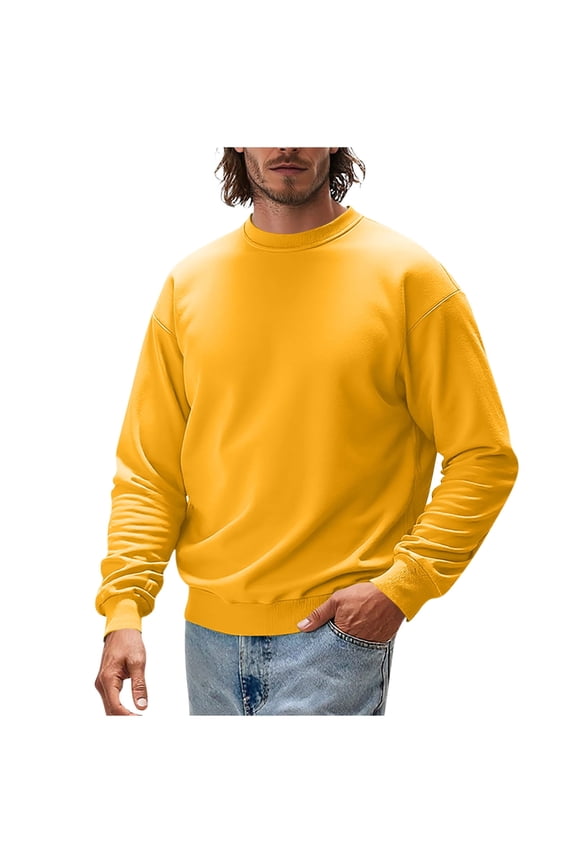 Men's Casual Pullover Solid Color Crew Neck Sweatshirt Long Sleeves Base Shirt New Year Yellow XXXL