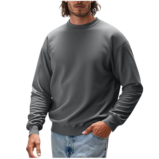 Sevevn Men's Casual Pullover Solid Color Crew Neck Sweatshirt Long Sleeves Base Shirt Spring Tops for Men Dark Gray XXXL