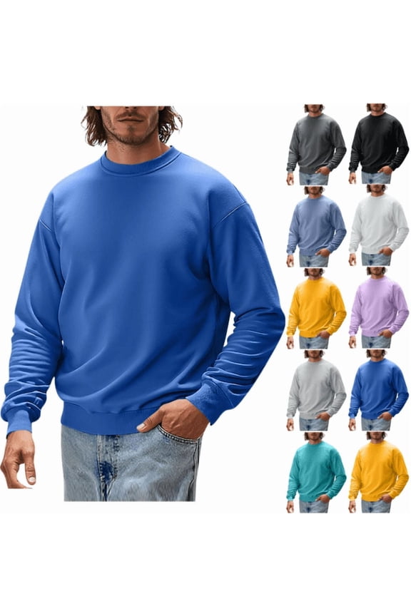 Men's Casual Pullover Solid Color Crew Neck Sweatshirt Long Sleeves Base Shirt Summer Blue XXXL