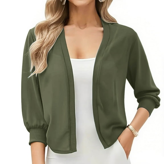 Sevevn Women's Lightweight Chiffon Cardigan 3/4 Sleeve Casual Solid Cardigan Sweaters for Women Family Gifts Army Green S