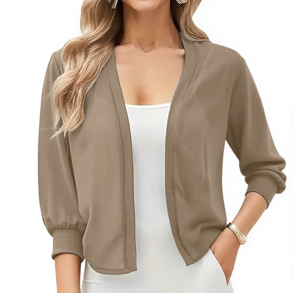 Sevevn Women's Lightweight Chiffon Cardigan 3/4 Sleeve Casual Solid Cardigan Sweaters for Women Holiday Gift Finder Khaki L