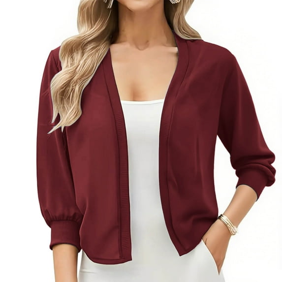 Sevevn Women's Lightweight Chiffon Cardigan 3/4 Sleeve Casual Solid Cardigan Sweaters for Women New Year Savings Wine L