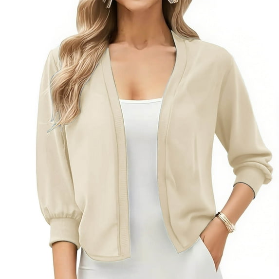 Sevevn Women's Lightweight Chiffon Cardigan 3/4 Sleeve Casual Solid Cardigan Sweaters for Women Sales Today Clearance Beige M