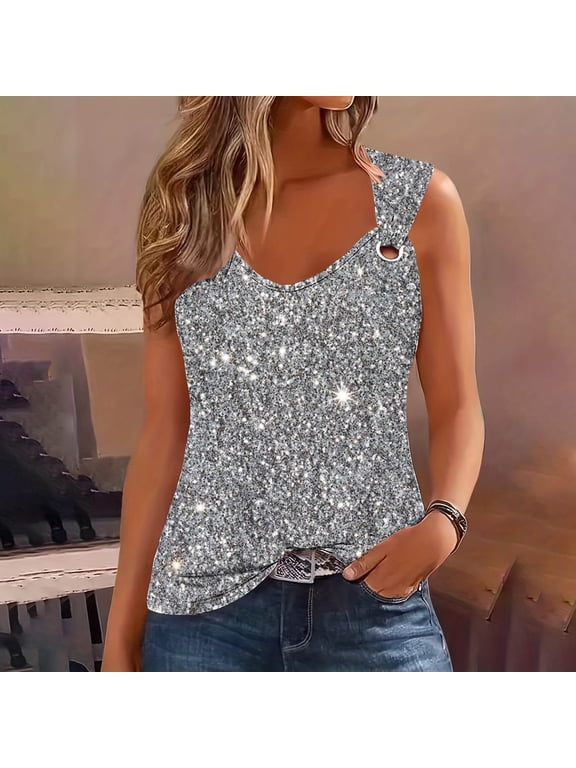 Women's Printed Round Neck Casual Printed Sleeveless Suspender Top Up to 30% Off Silver S