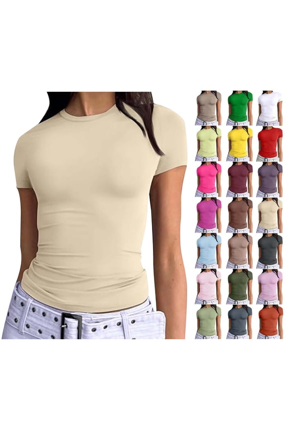 Women's Short Sleeve Solid Color Crewneck Casual Top Pullover T-shirt Beach Vacation Clothes for Women Beige L