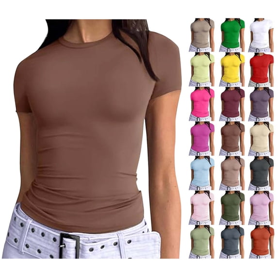 Sevevn Women's Short Sleeve Solid Color Crewneck Casual Top Pullover T-shirt Early Access Coffee XS