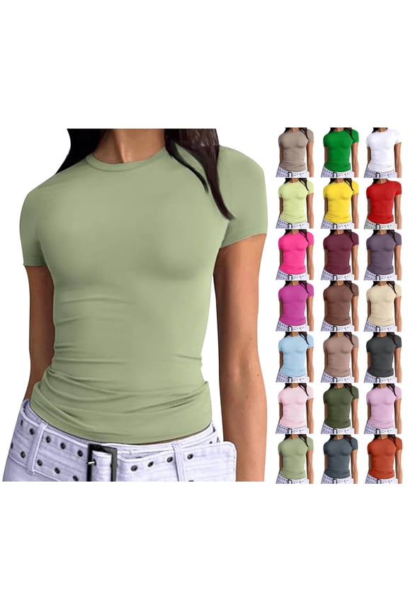 under 5$ Sevevn Women's Short Sleeve Solid Color Crewneck Casual Top Pullover T-shirt End of Year Green S