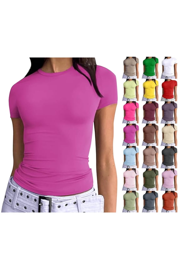 Women's Short Sleeve Solid Color Crewneck Casual Top Pullover T-shirt End of Year Purple M