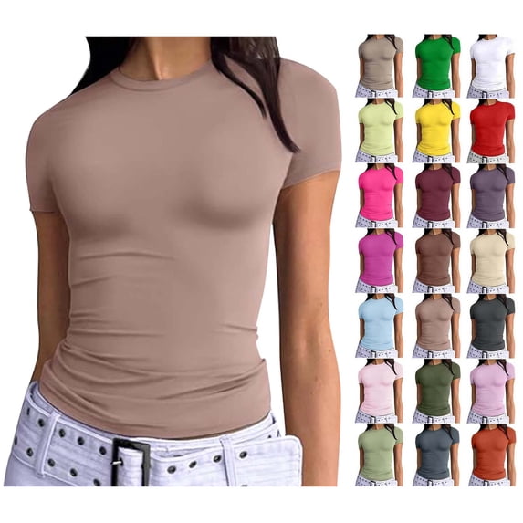 Sevevn Women's Short Sleeve Solid Color Crewneck Casual Top Pullover T-shirt Family Gifts Khaki XL