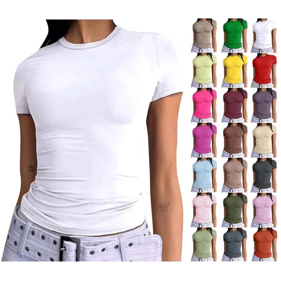 Sevevn Women's Short Sleeve Solid Color Crewneck Casual Top Pullover T-shirt Holiday Gift Finder White XS