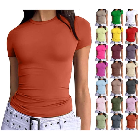 Sevevn Women's Short Sleeve Solid Color Crewneck Casual Top Pullover T-shirt New Year Orange L