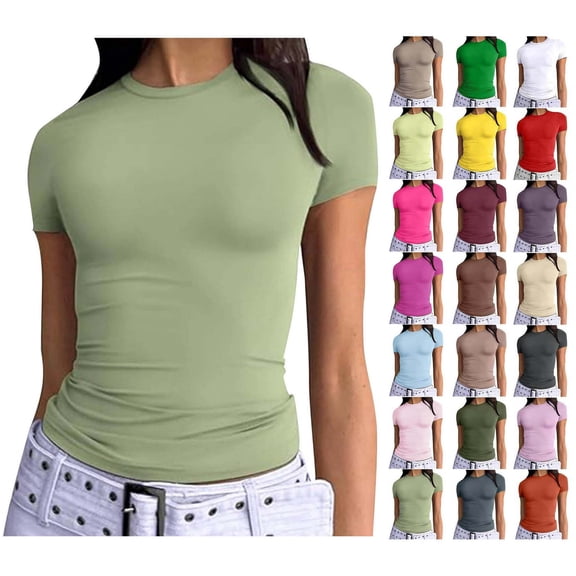 Sevevn Women's Short Sleeve Solid Color Crewneck Casual Top Pullover T-shirt Sales Today Green XL