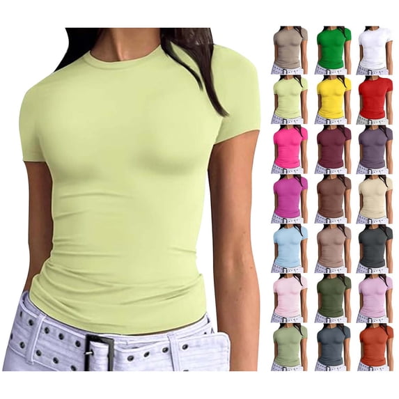 Sevevn Women's Short Sleeve Solid Color Crewneck Casual Top Pullover T-shirt Up to 30% Off Mint Green L