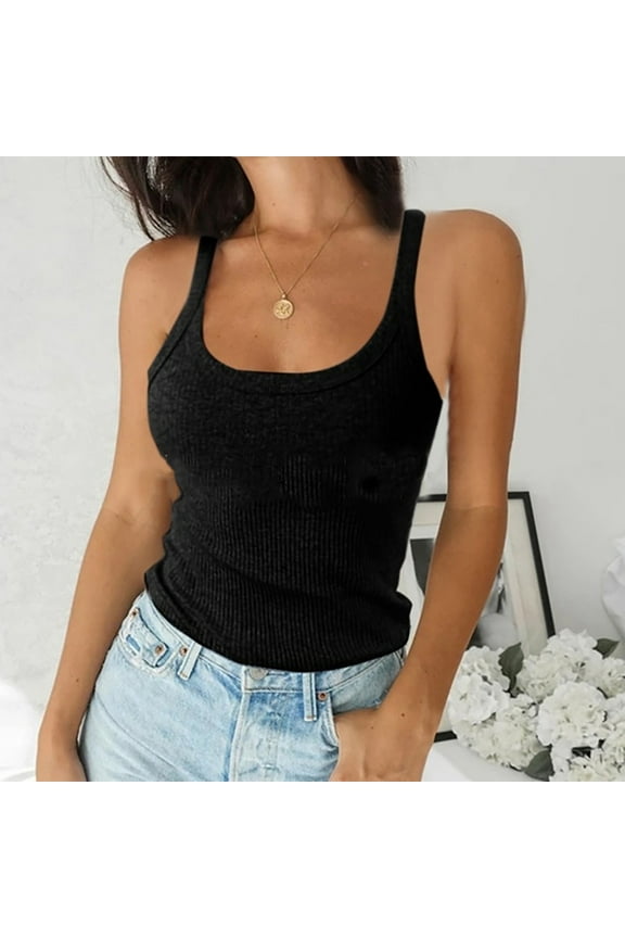 Womens Solid Tank Tops Sleeveless U-Neck Base Shirt Summer Casual Workout Tees Gift for Adults Black XL
