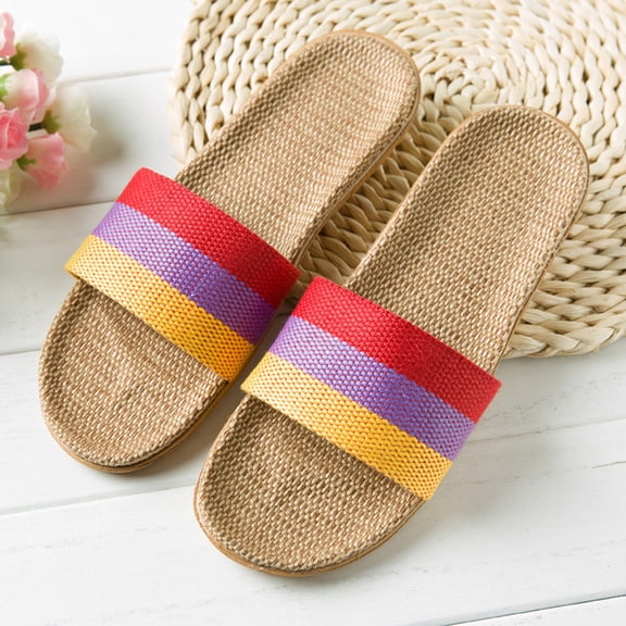FAMTKT Slippers for Women and Men, Women's Fashion Anti-Slip Linen Home Indoor Open Toe Flat Shoes Beach Slippers