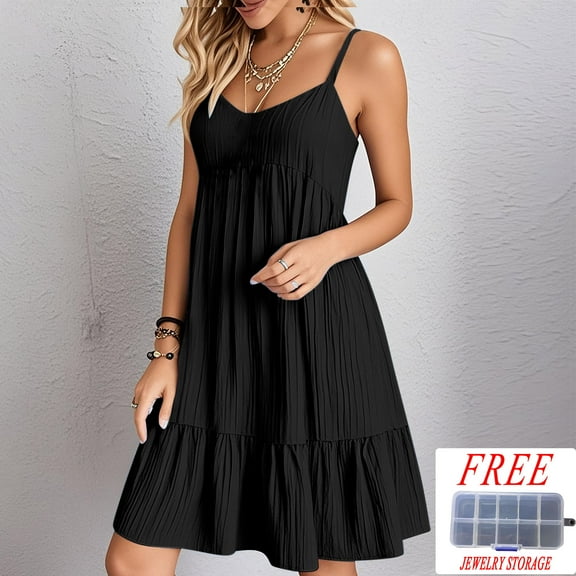 Summer Dresses for Women Sleeveless Tank Dress Sleeveless Utility V Neck Midi Dress Casual Beach Sundress Black L