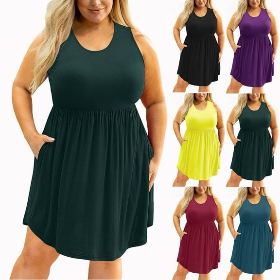 Women's Plus Size Summer Sleeveless Tank Basic Fitted Casual Dresses , Sizes XL-5X,Green