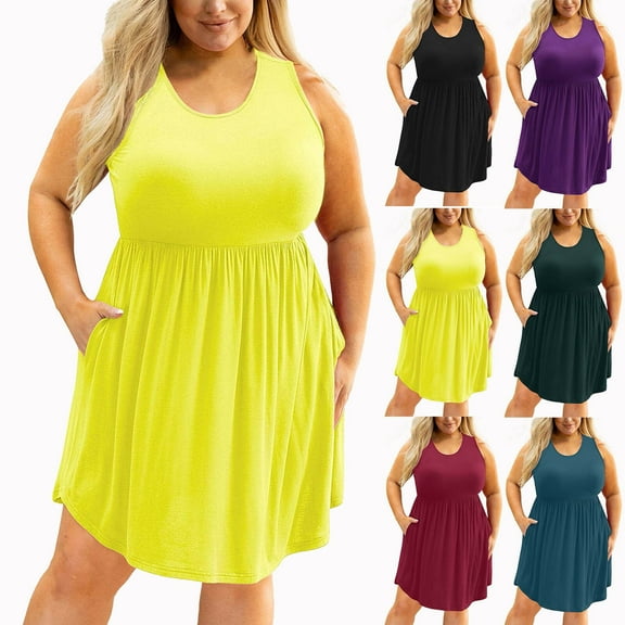 Women's Plus Size Summer Sleeveless Tank Basic Fitted Casual Dresses , Sizes XL-5X,Yellow