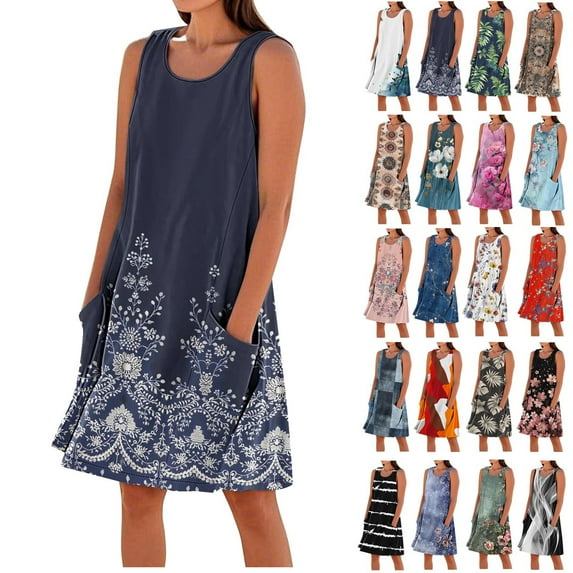 Clearance under10!Women's Summer Dresses Printing Casual Sleeveless Linen Loose Fitting Midi Dress With Pockets,Size S-XXXL
