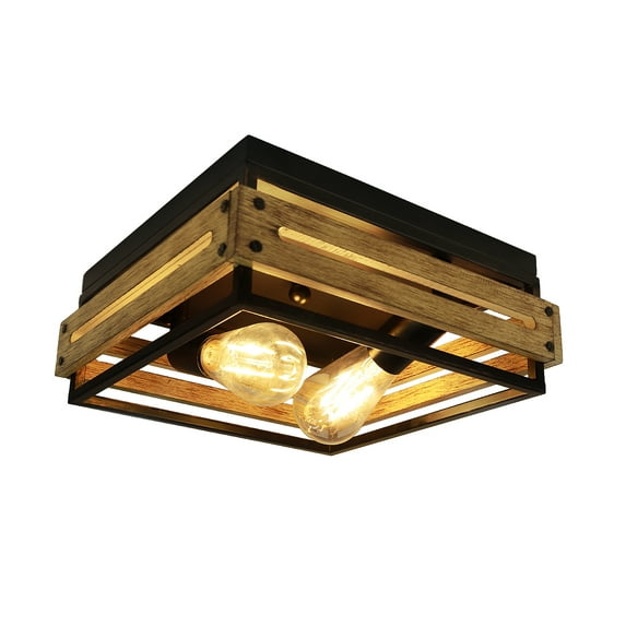 ClearanceFarmhouse Ceiling Light, 2 Lights Industrial Ceiling Light Farmhouse Light Fixtures Ceiling Vintage Rustic Lights Metal and Wood Square Lighting Fixture for Hallway Living Room Farmhouse