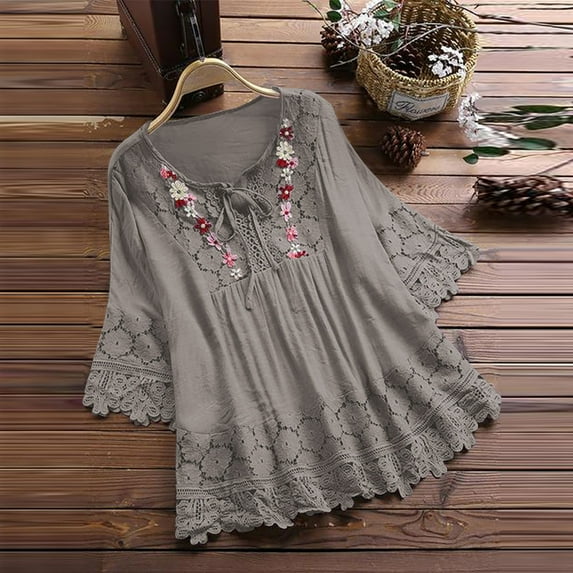 Blouses for Women Sawvnm Women Vintage Lace Patchwork Bow V-Neck Three Quarter Blouses T-Shirt for Women,Gray,3XL