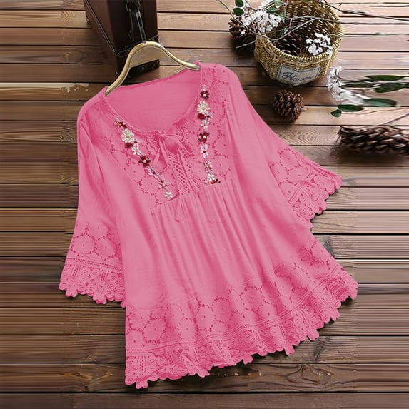 Blouses for Women Sawvnm Women Vintage Lace Patchwork Bow V-Neck Three Quarter Blouses T-Shirt for Women,Hot Pink,2XL